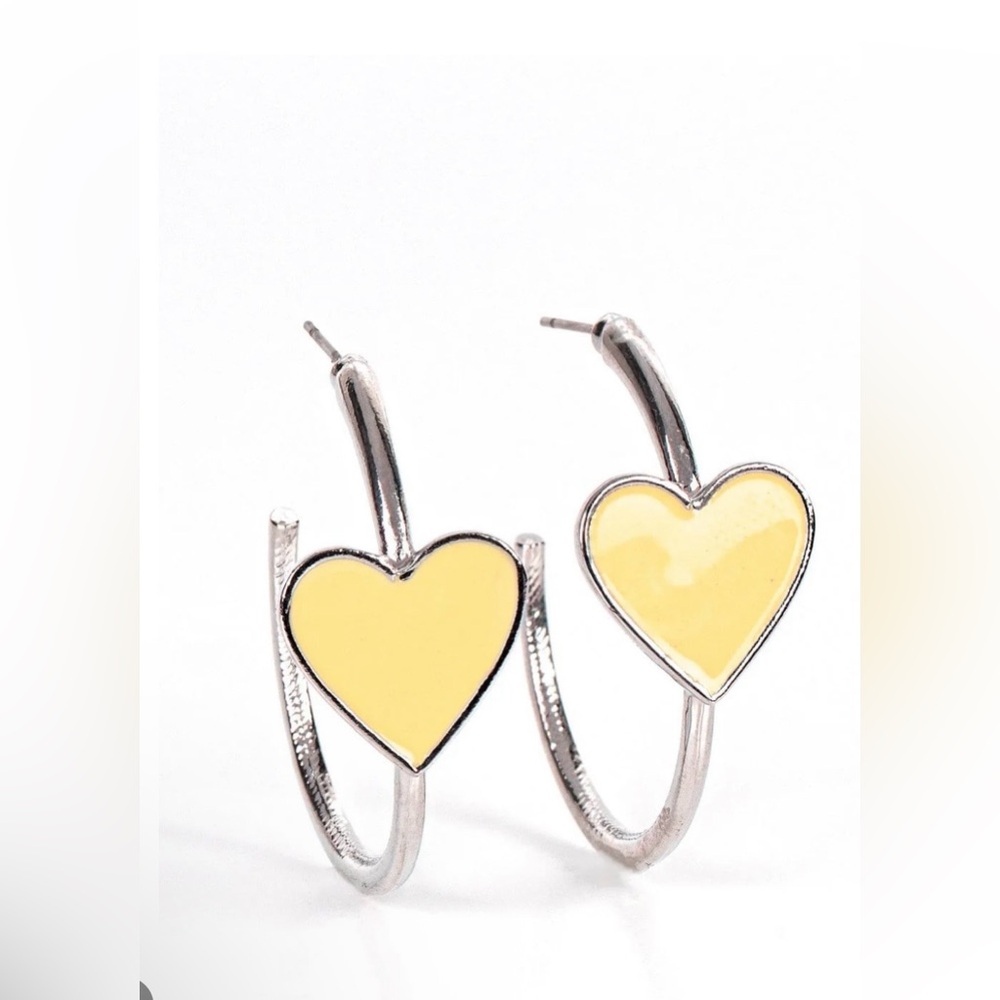 paparazzi Yellow Heart Hoop Earrings - Bright Enamel Hearts